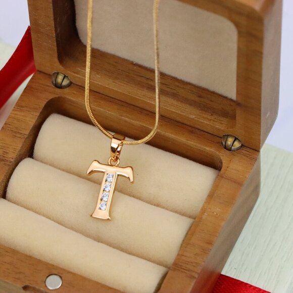 "Rose Gold Initial T Pendant with Crystals – Elegant Brass Jewelry, XPPT1369 - Picture 2 of 13